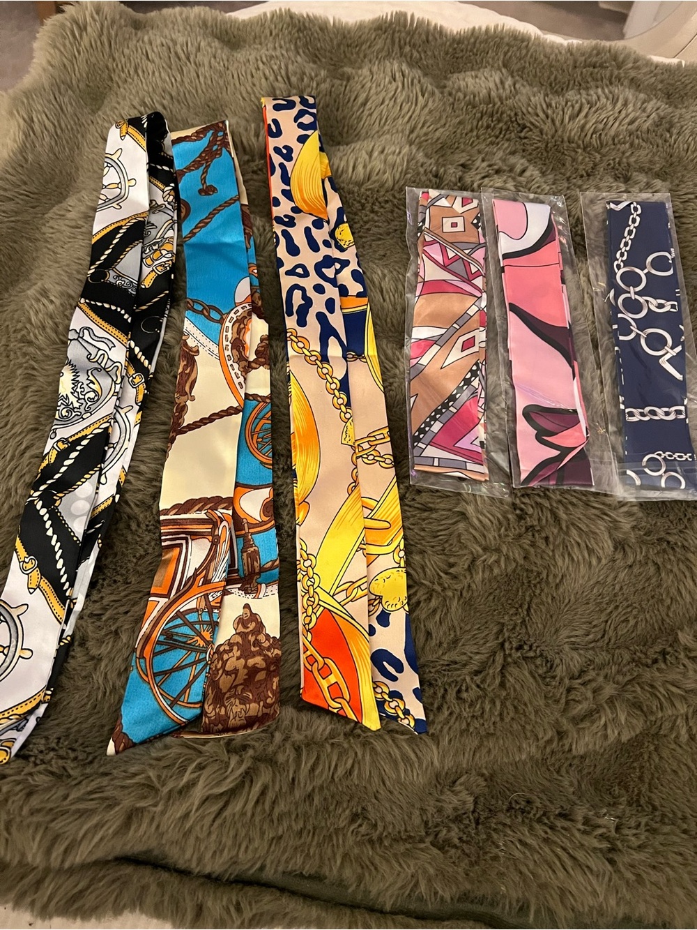 6 piece Silk-Feel Multicolor Twilly Scarf for Handbags
